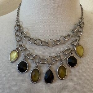 Silver Tone Double Strand‎ Statement Necklace Warm Yellow Black Faceted Charms